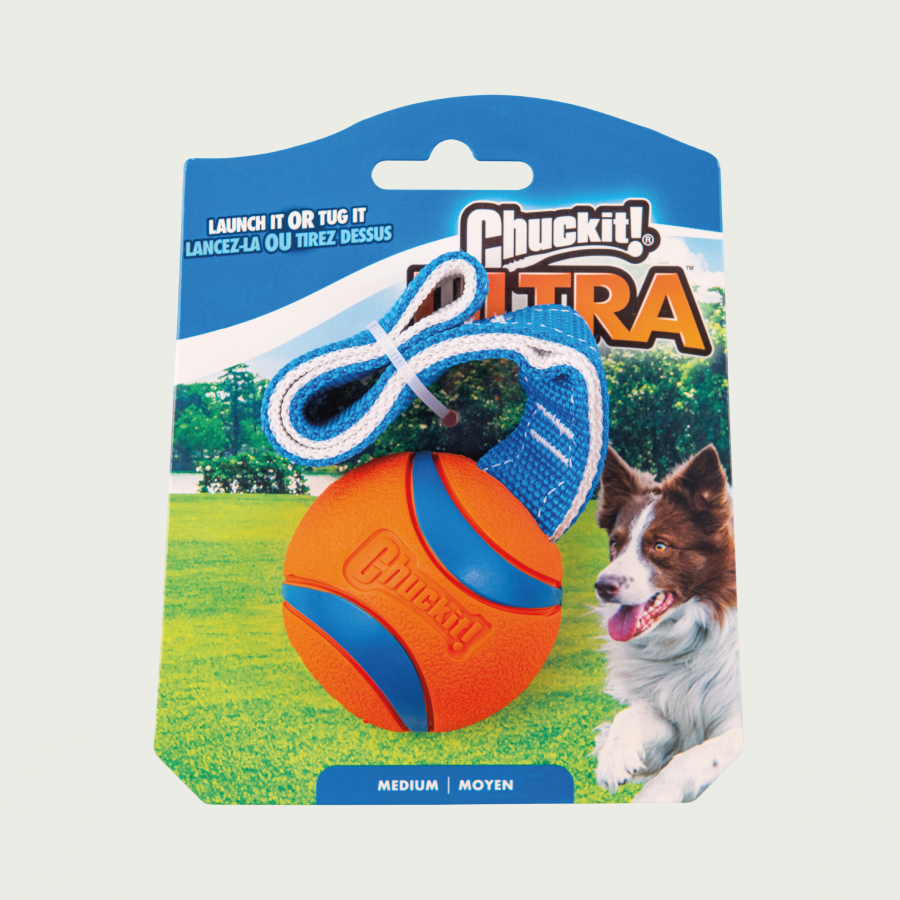 ChuckIt! Piłka Ultra Ball z uchwytem dla psa | Zabawka do treningu i zabawy | Pomarańczowo-niebieska, rozmiar M