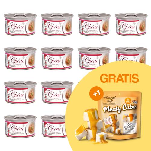 12× Mokra karma Chérie tuńczyk z dzikim łososiem + 1 GRATIS Meaty Cube