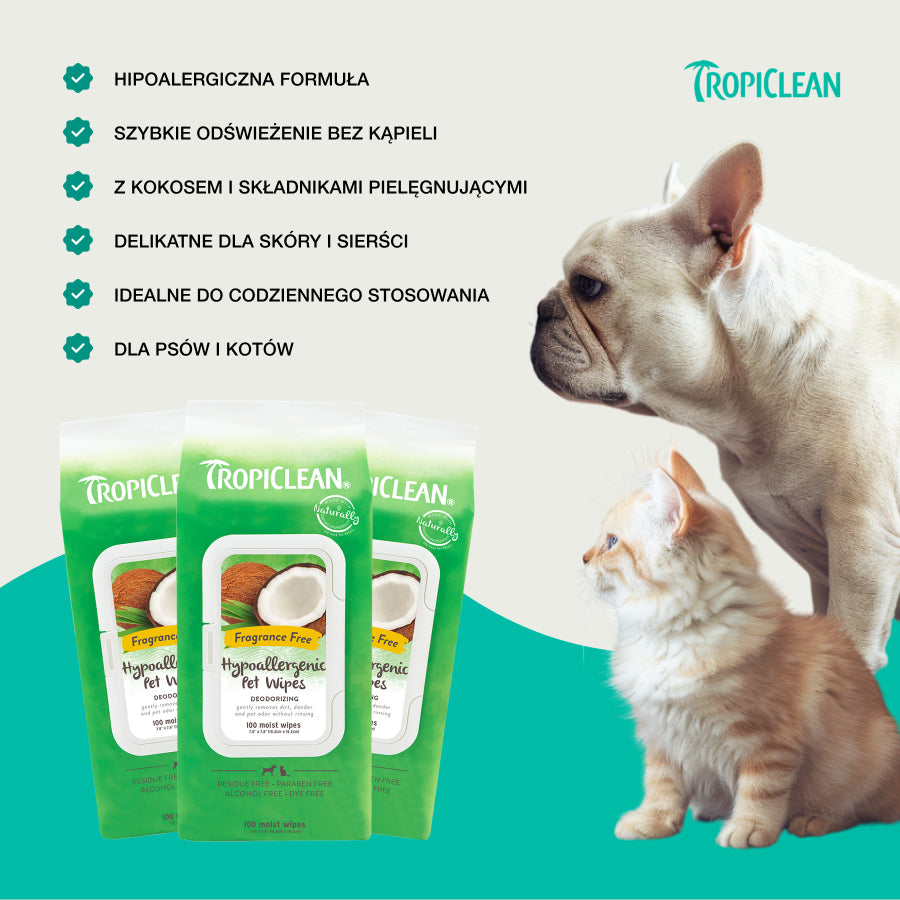 TropiClean Chusteczki Hypoallergic Coconut | dla Kota i Psa | 100szt