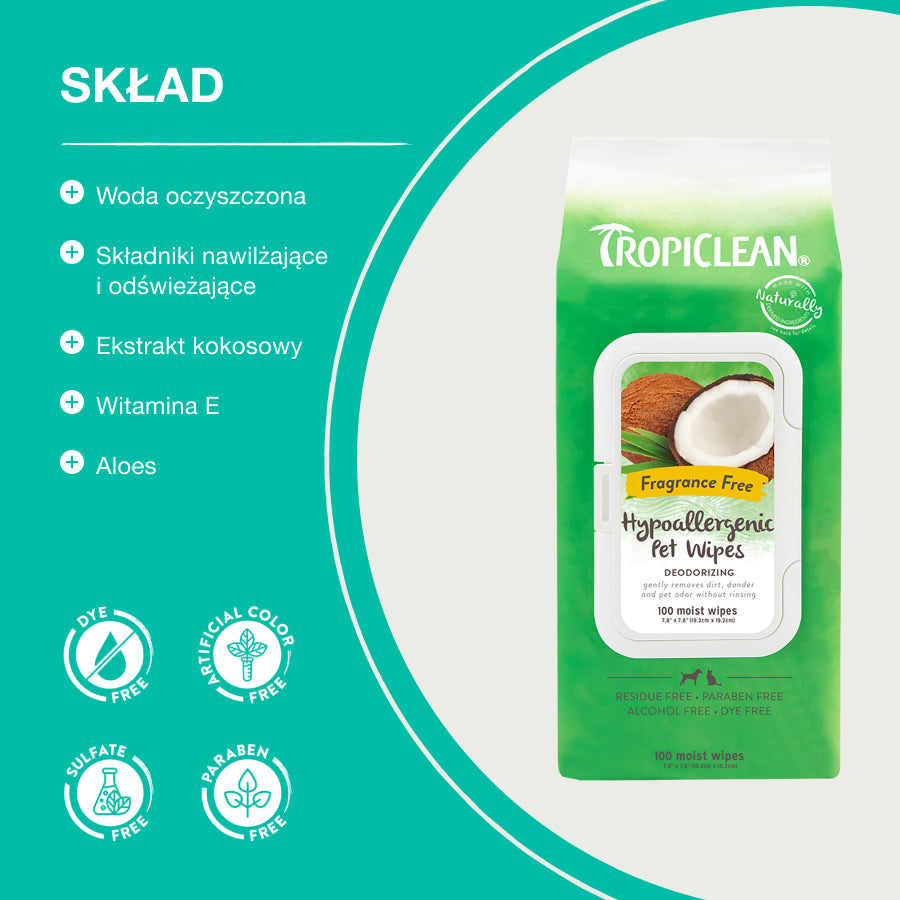 TropiClean Chusteczki Hypoallergic Coconut | dla Kota i Psa | 100szt