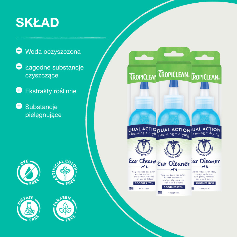 TropiClean Płyn do Higieny Uszu Dual Action | dla Psa i Kota | 118ml