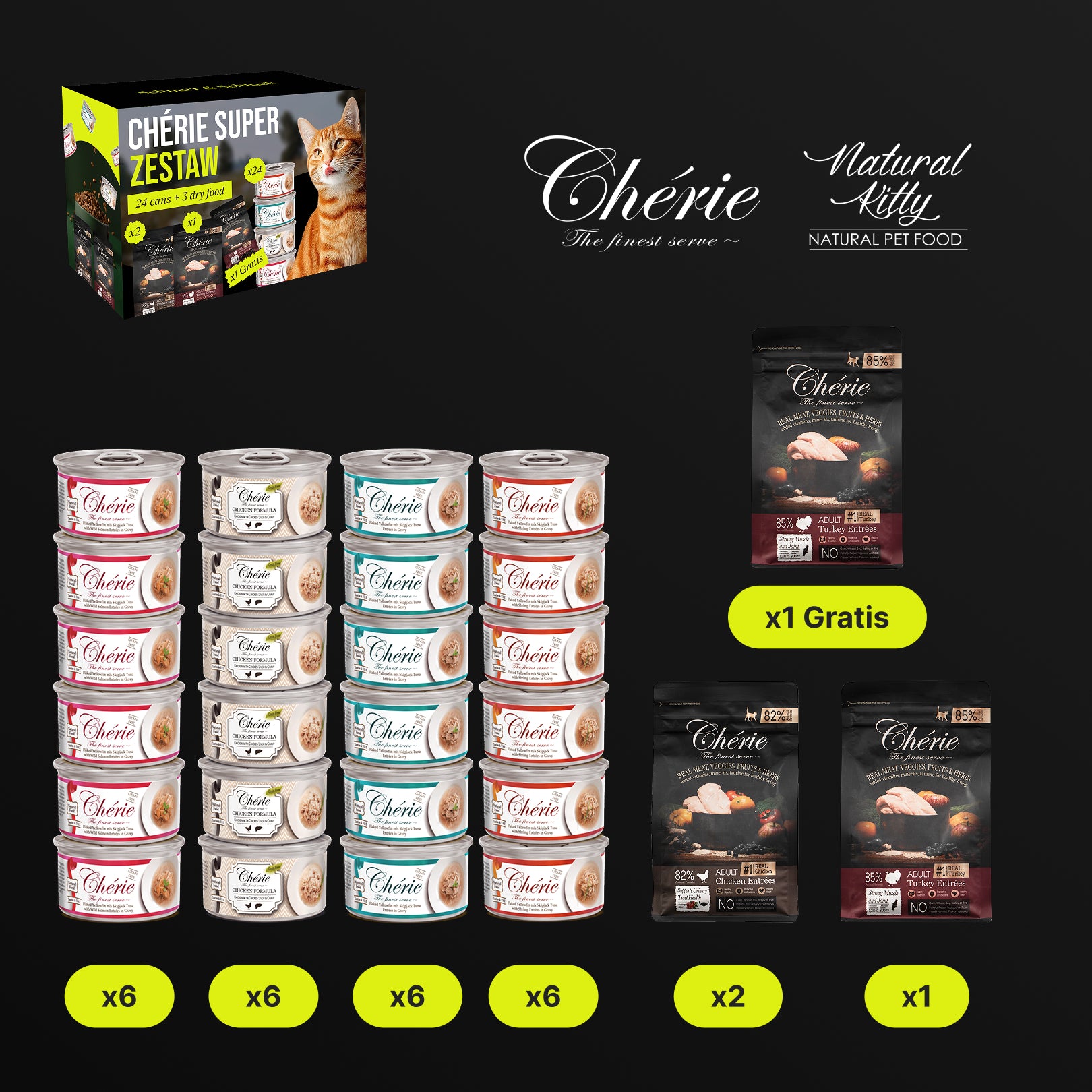 Chérie Super Zestaw | Pełnoporcjowa Karma Sucha i Mokra dla Kotów