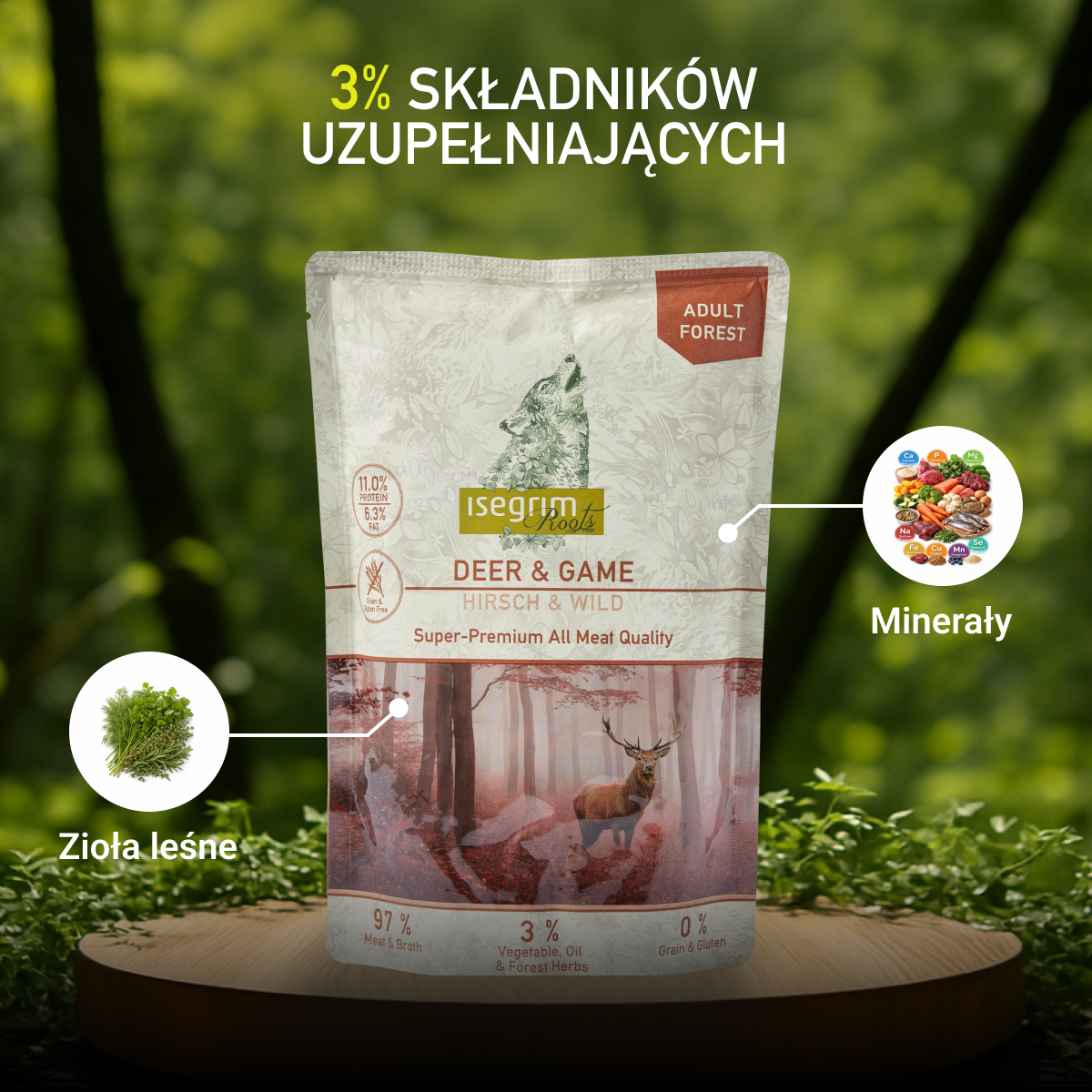 Isegrim Jeleń + Dziczyzna z Korzeniem Pietruszki, Olejem Szafranowym i Ziołami Leśnymi | Adult 410g