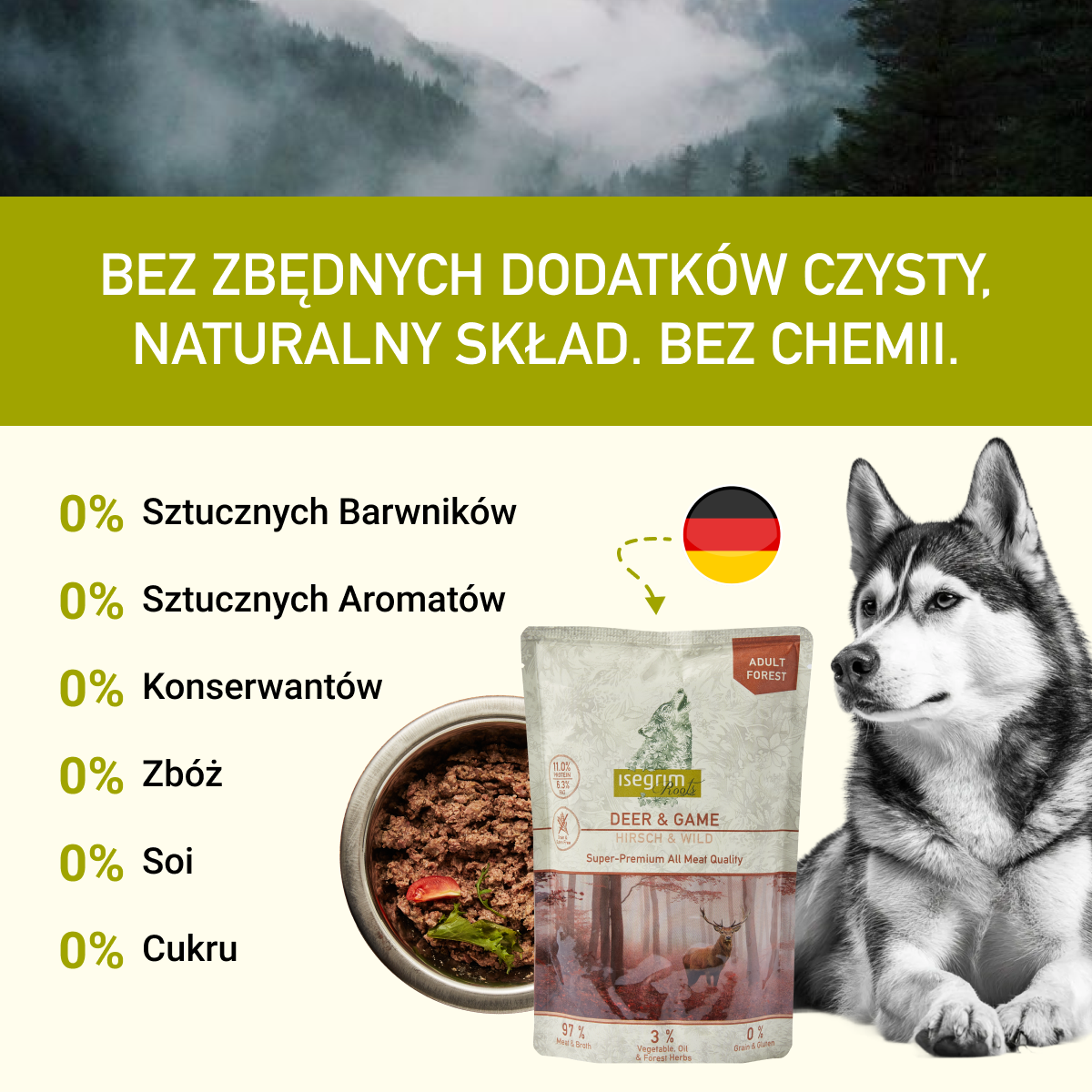 Isegrim Jeleń + Dziczyzna z Korzeniem Pietruszki, Olejem Szafranowym i Ziołami Leśnymi | Adult 410g