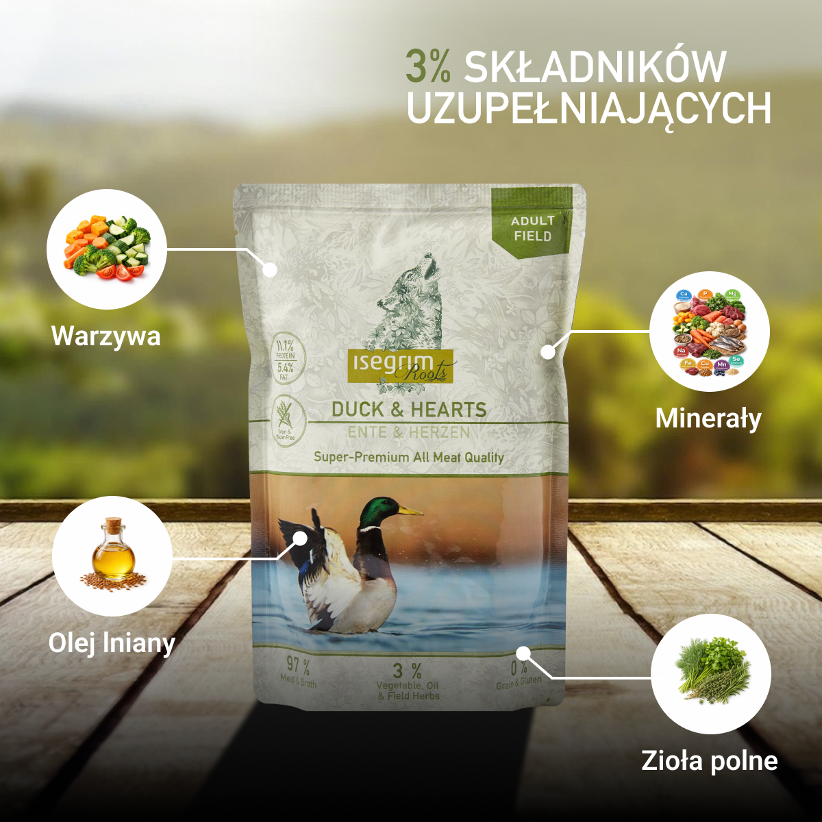 Isegrim Kaczka + Serca z Mieszanką Warzyw, Olejem Inianym i Ziołami polnymi | Adult 410g