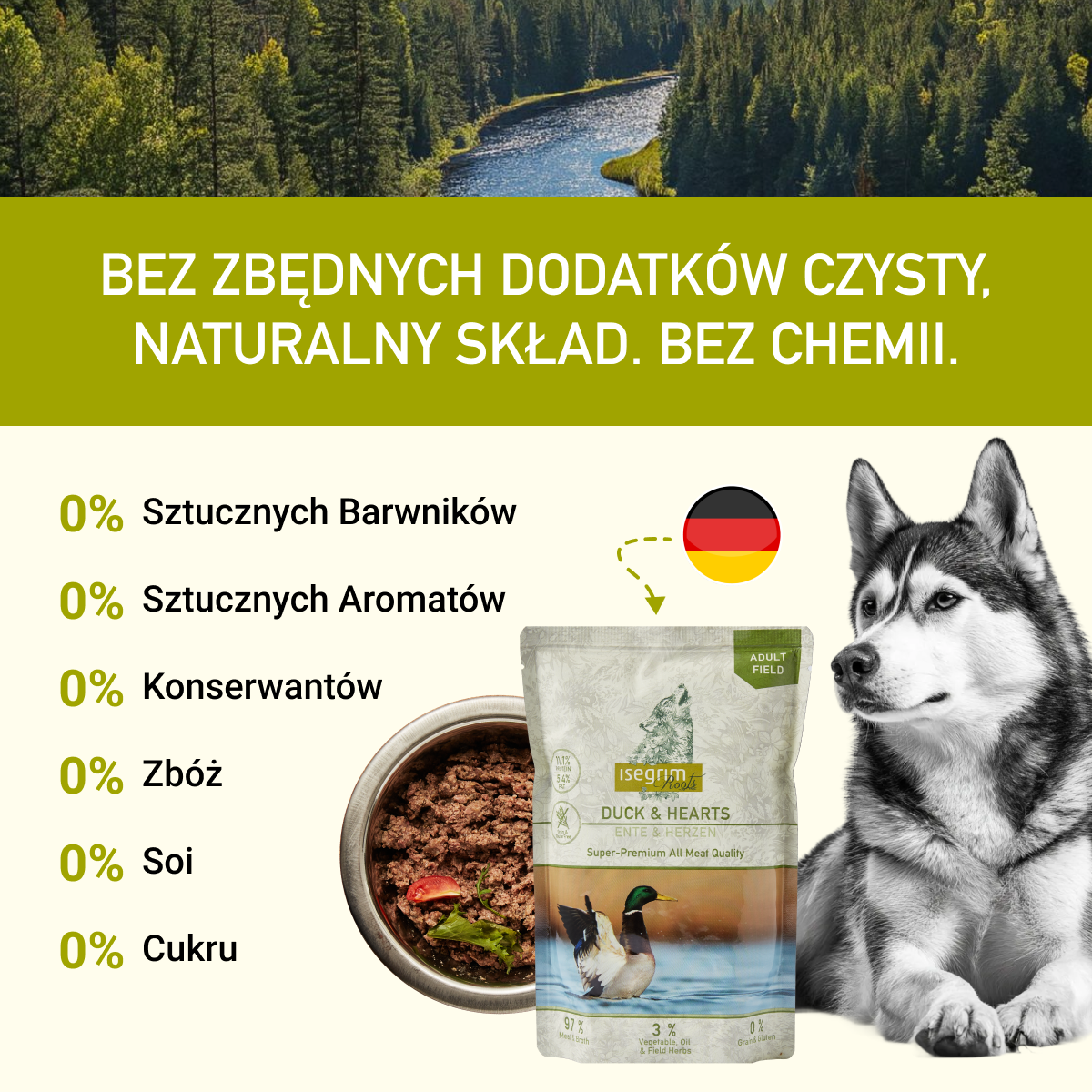 Isegrim Kaczka + Serca z Mieszanką Warzyw, Olejem Inianym i Ziołami polnymi | Adult 410g