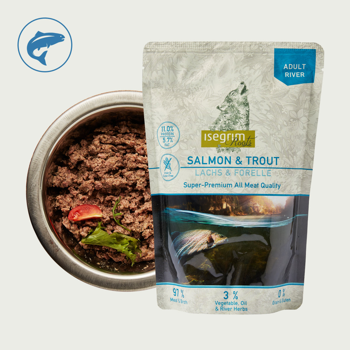 Isegrim Łosoś+ Pstrag z Topinamburem, Olejem z Krokosza Barwierskiego i Ziołami Rzecznymi | Adult 410g