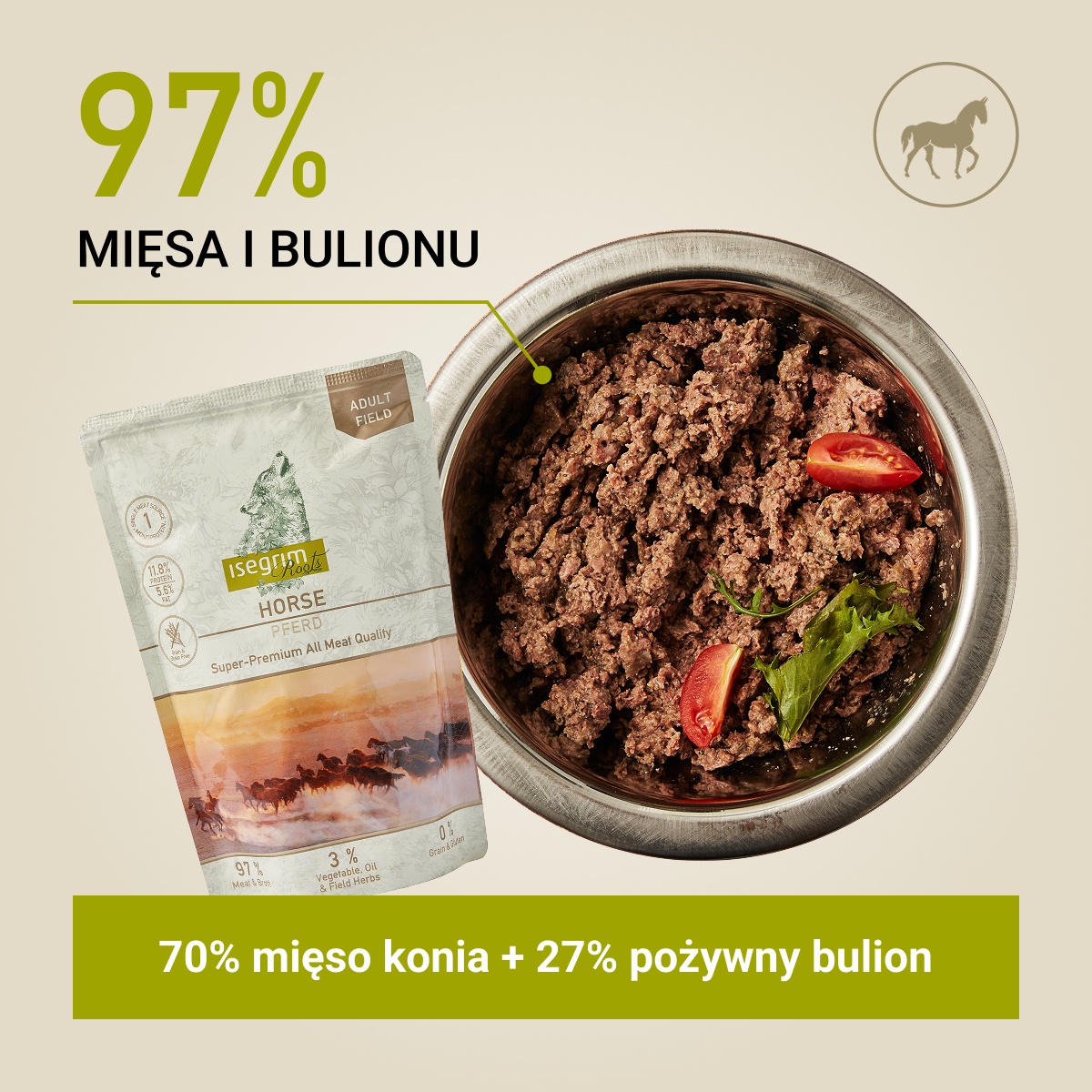 Isegrim Konina + Mieszanką Warzyw, Olejem Lnianym i Ziołami Polnymi | Adult 410g