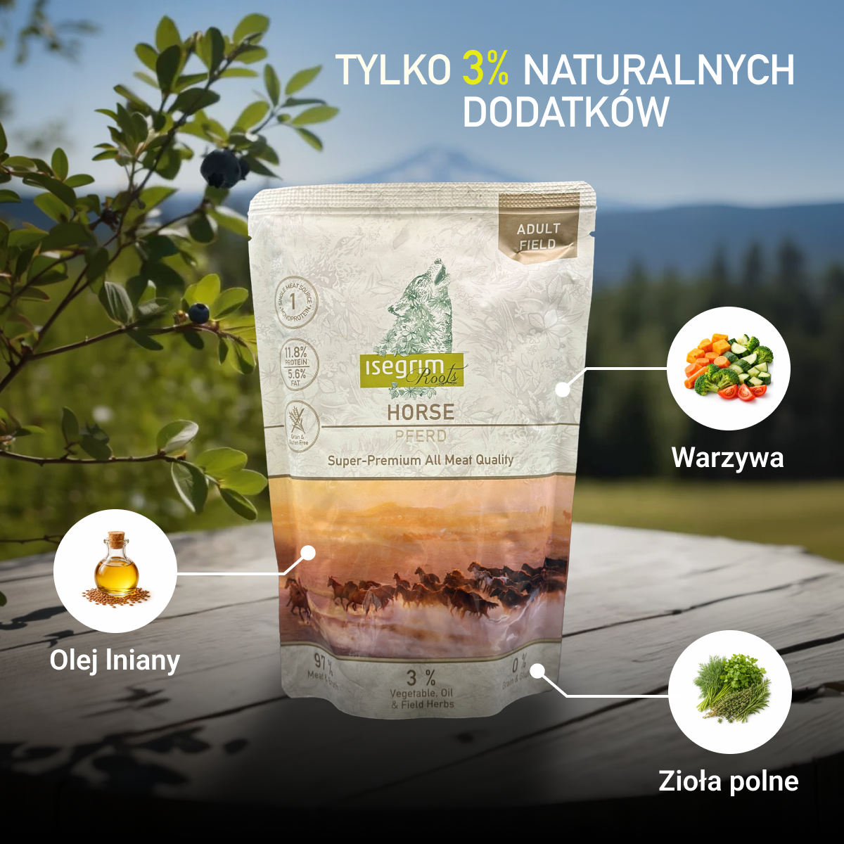 Isegrim Konina + Mieszanką Warzyw, Olejem Lnianym i Ziołami Polnymi | Adult 410g