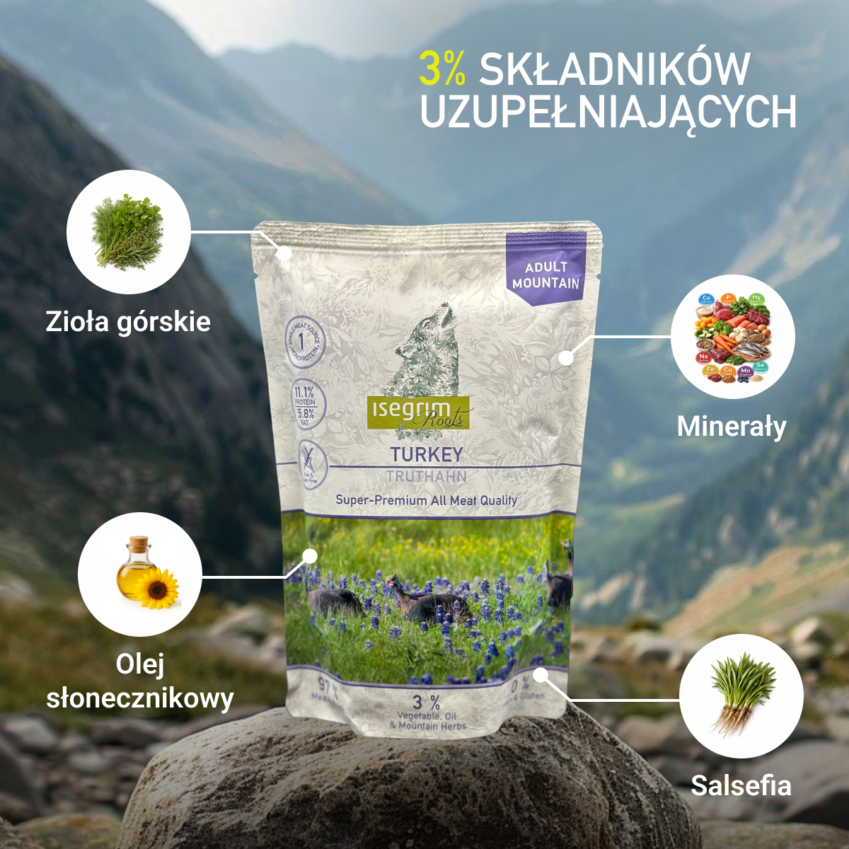 Isegrim Indyk + Salsefia, Olej Słonecznikowy i Zioła Górskie | Junior 410g