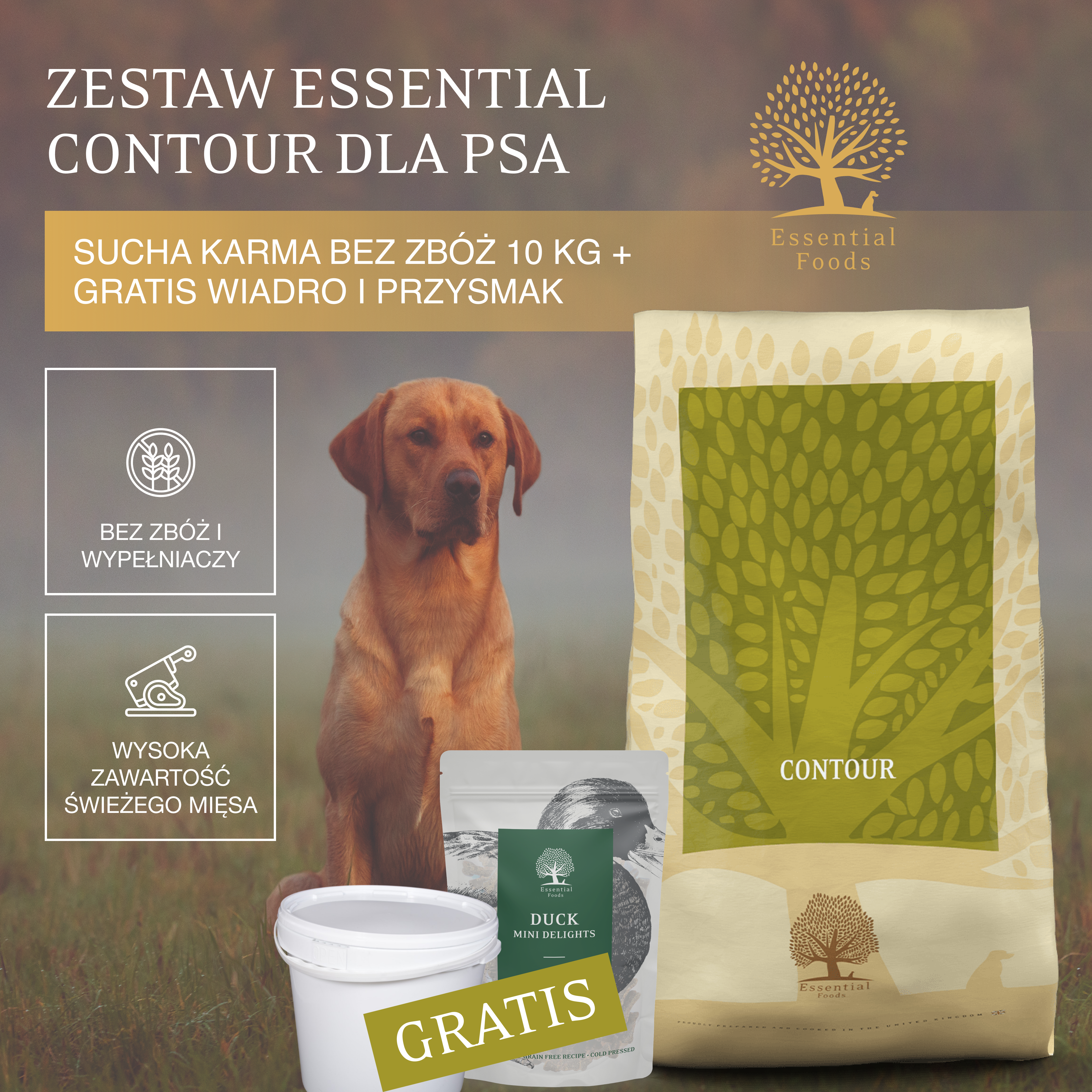 Zestaw Essential Contour dla Psa | Sucha karma bez zbóż 10 kg + Gratis wiadro i przysmak