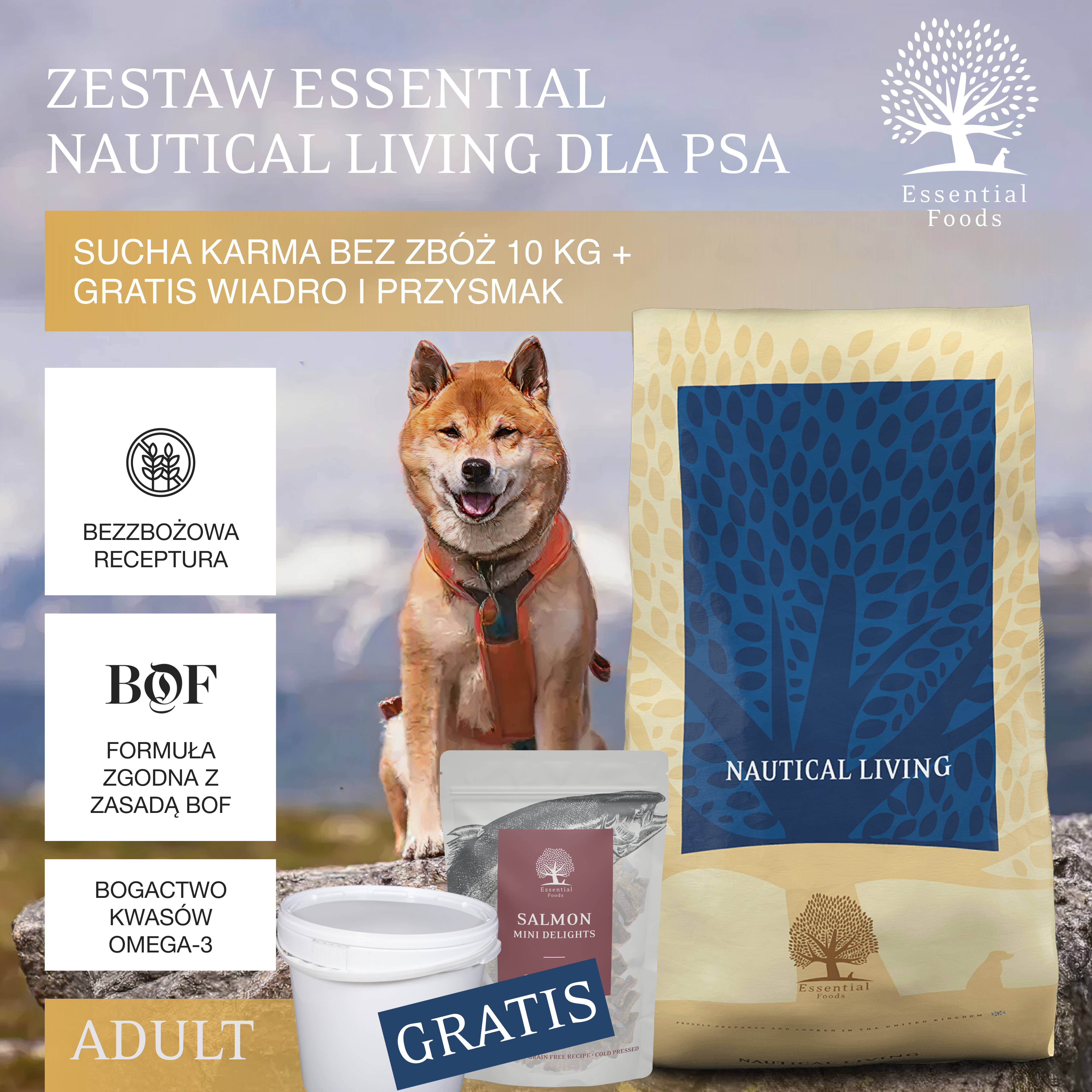 Zestaw Essential Nautical Living dla Psa | Adult | Sucha karma bez zbóż 10 kg + Gratis wiadro i przysmak