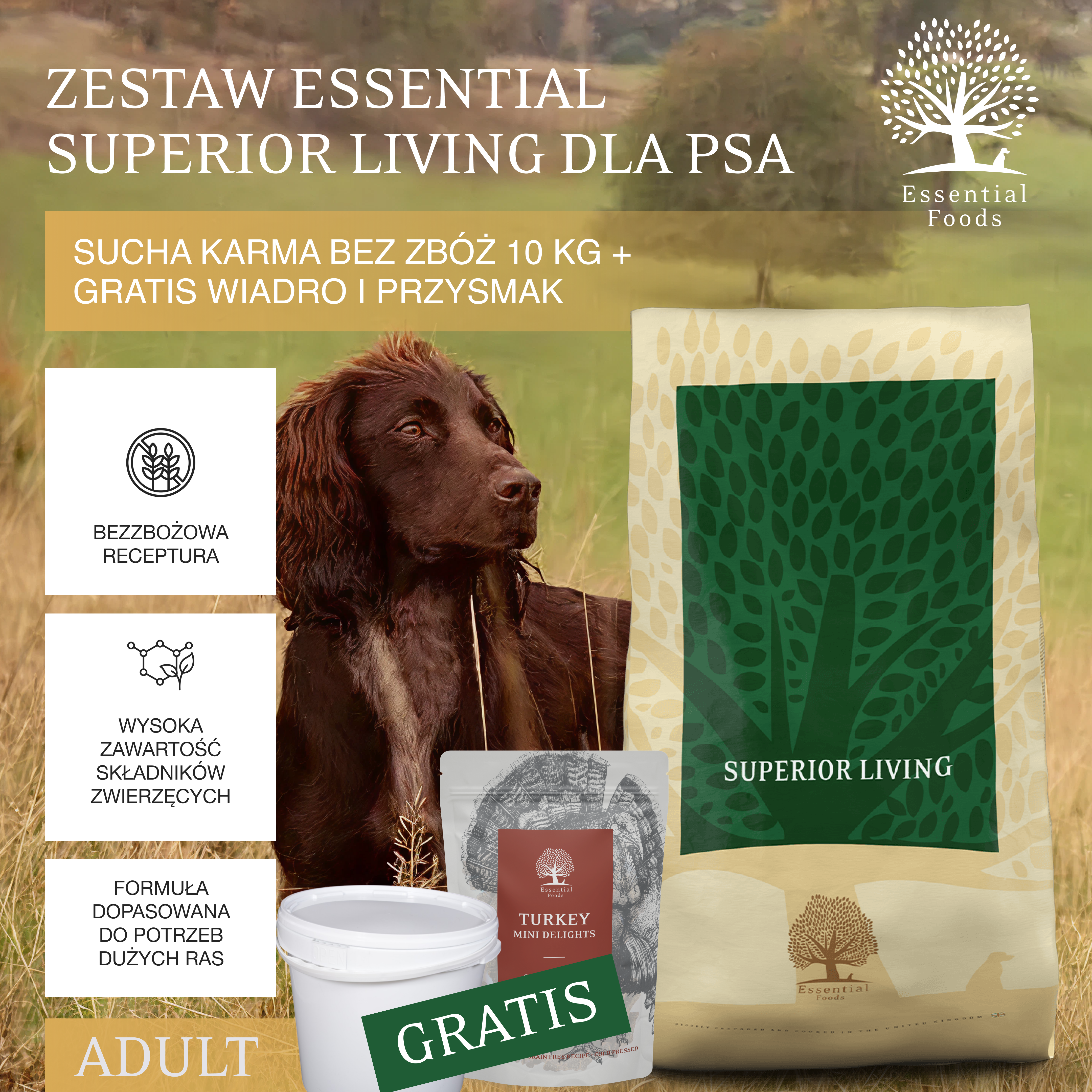 Zestaw Essential Superior Living dla Psa | Adult | Sucha karma bez zbóż 10 kg + Gratis wiadro i przysmak