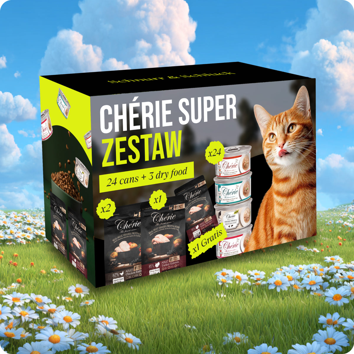 Chérie Super Zestaw | Pełnoporcjowa Karma Sucha i Mokra dla Kotów