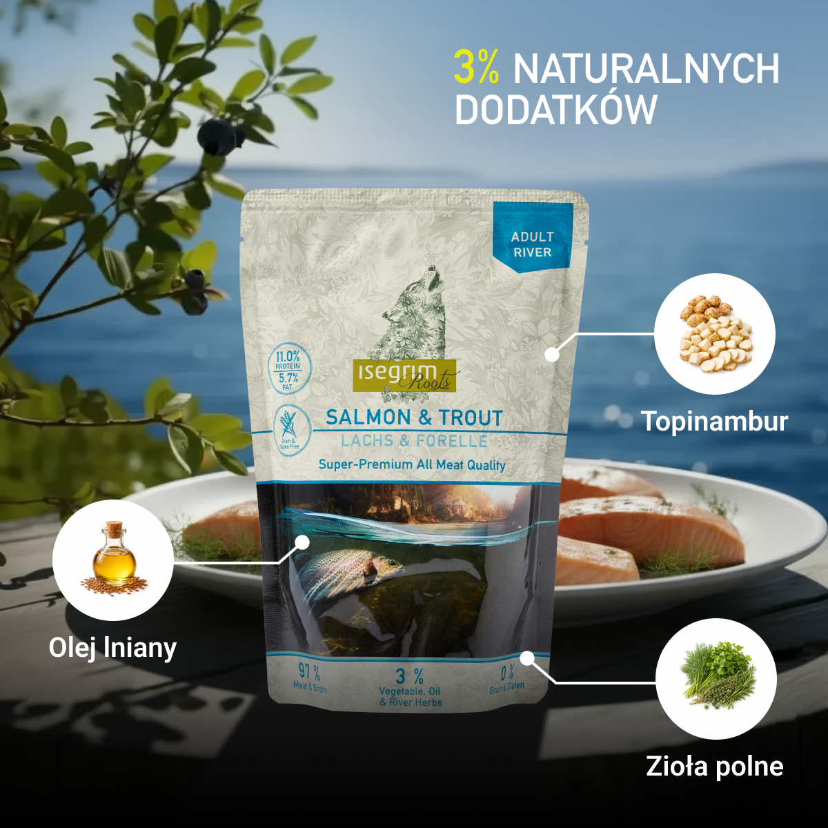 Isegrim Łosoś+ Pstrag z Topinamburem, Olejem z Krokosza Barwierskiego i Ziołami Rzecznymi | Adult 410g