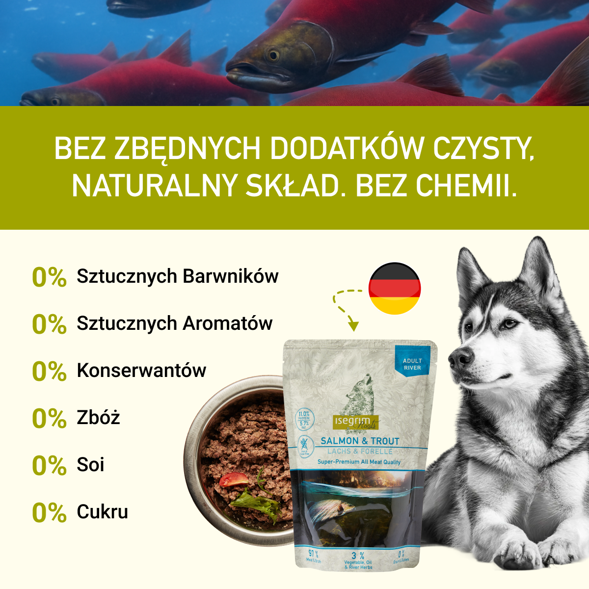 Isegrim Łosoś+ Pstrag z Topinamburem, Olejem z Krokosza Barwierskiego i Ziołami Rzecznymi | Adult 410g