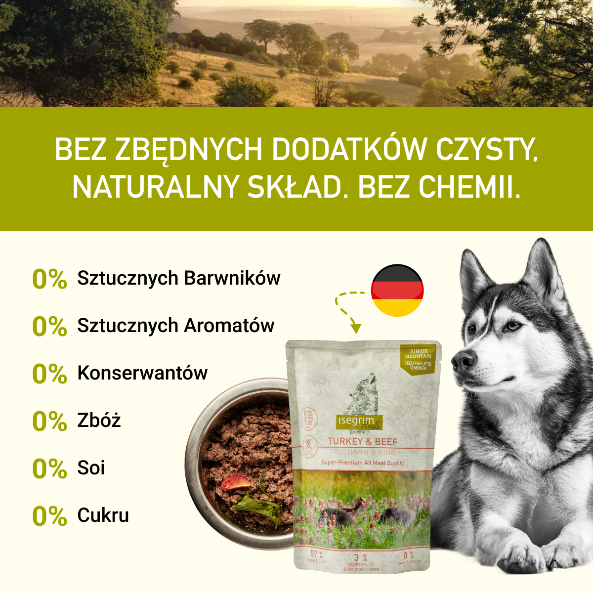 Isegrim Indyk + Wołowina ze Słodkimi Ziemniakami, Olejem z Łososia i Ziołami Gorskimi | Junior 410g