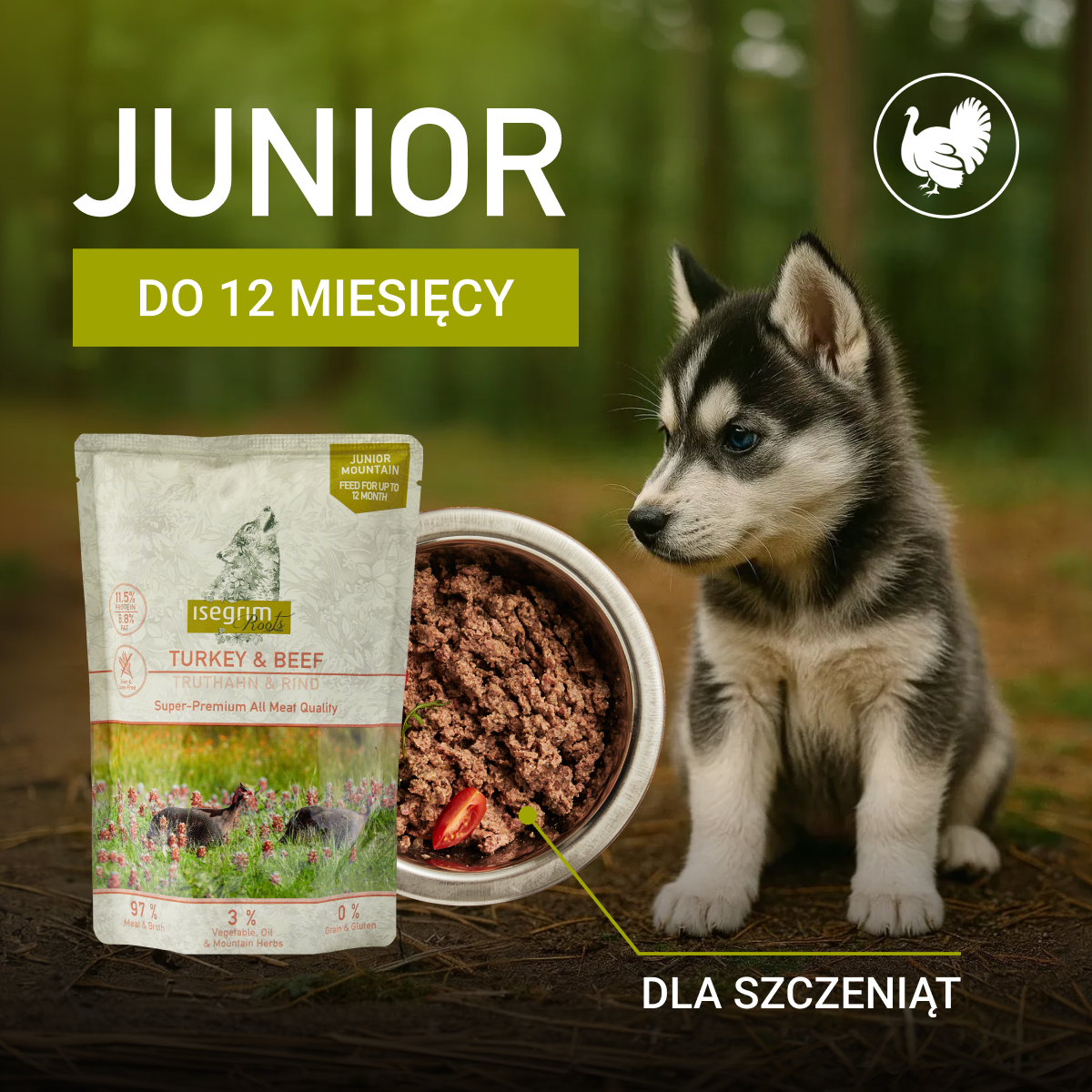 Isegrim Indyk + Wołowina ze Słodkimi Ziemniakami, Olejem z Łososia i Ziołami Gorskimi | Junior 410g